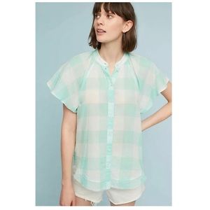 Anthropologie Maeve Irisa Mint Gingham Flutter Sleeve Top